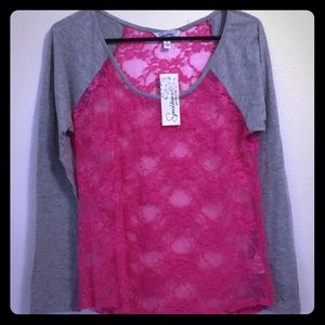 🎀 Speechless Fuchsia pink lace w/ Grey  3/4 quarter long sleeve top SzL JRS NWT